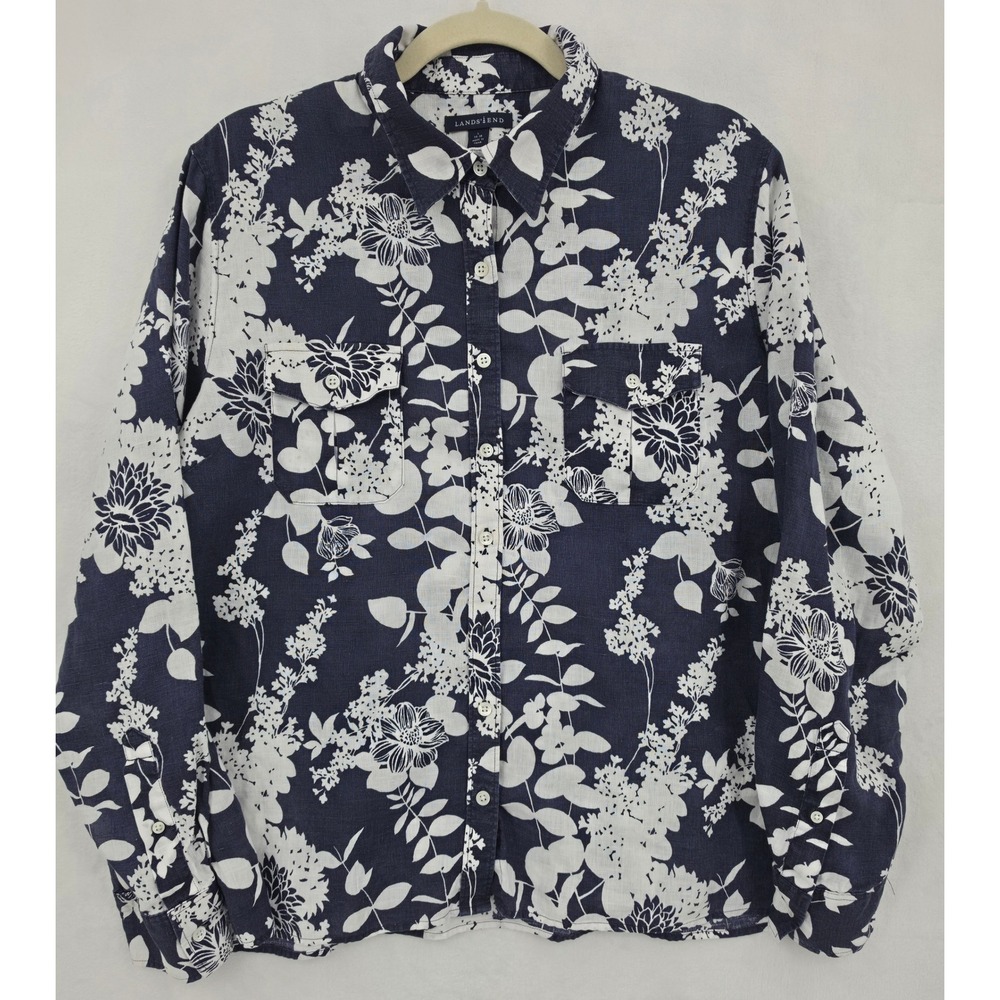 Land's End Navy White Floral Textured Button Down Linen Shirt Long Sleeve Top 10